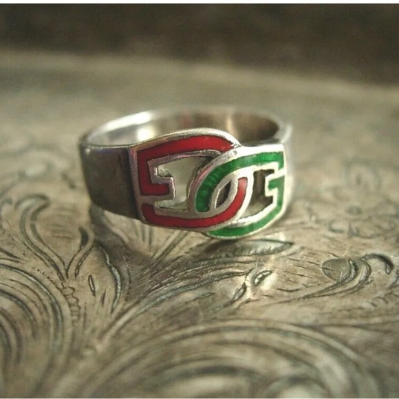 RARE Vintage GUCCI GG Red Green Logo Ring Silver 925 Enamel Couture Jewelry  ❤️ - Picture 7 of 8